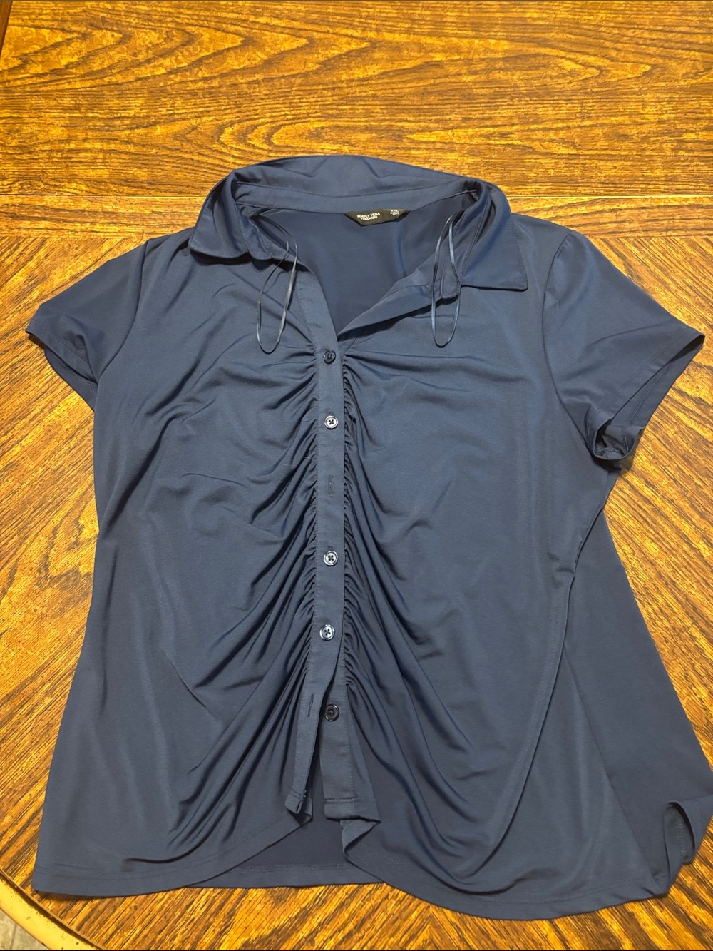 Vera Wang Navy Ruched Button-Front Collared Top